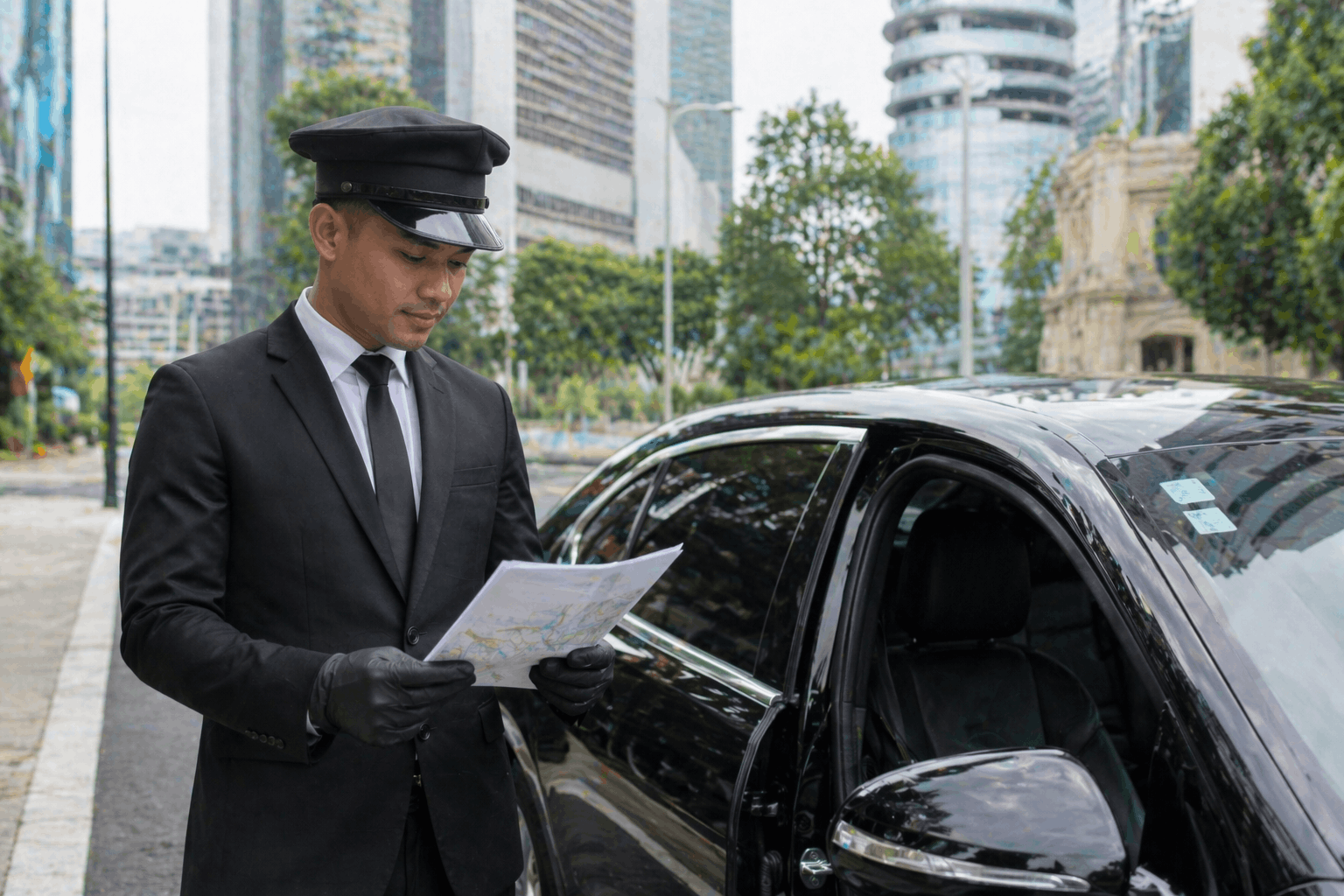 Водитель использует план маршрута рядом с премиальным автомобилем